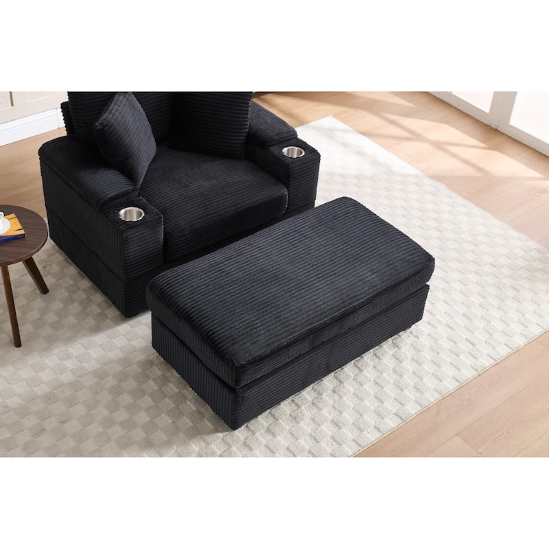 Corduroy Sofa Sets with Ottoman, Handrail Storage and Cup Holders