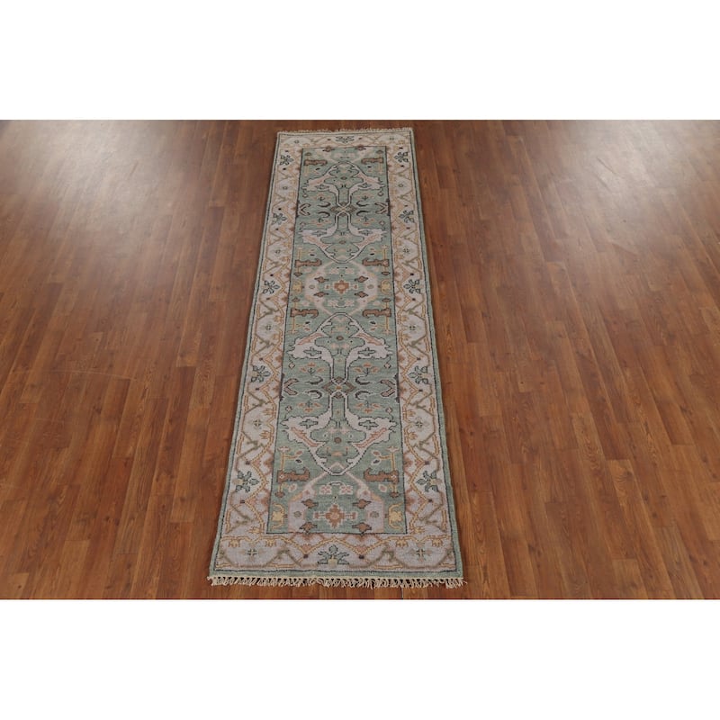 Green Oushak Oriental Runner Rug Hand-Knotted Wool Carpet - 2'6"x 8'0"