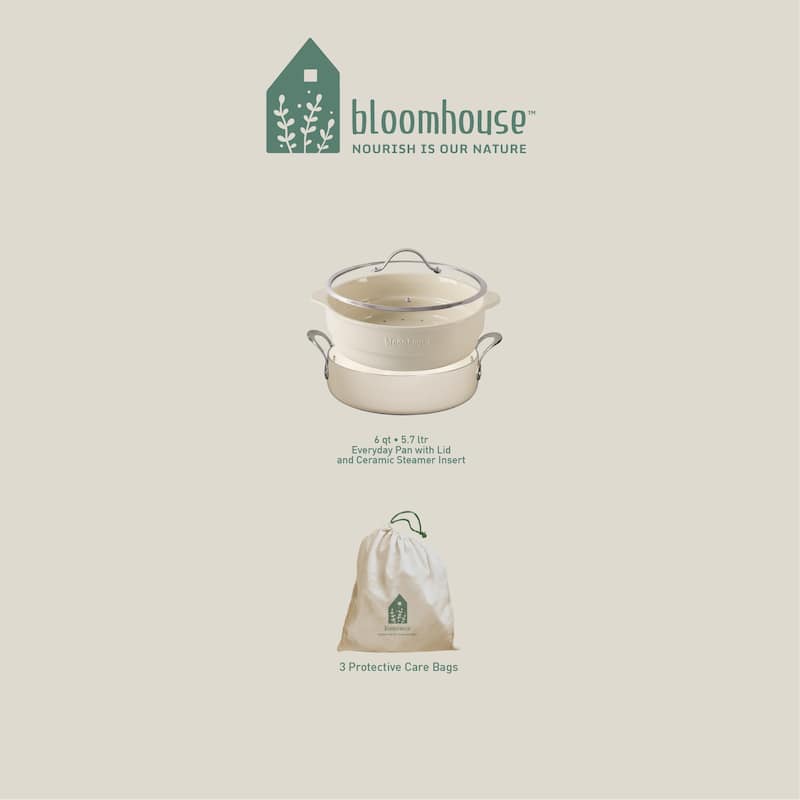 Bloomhouse 6-QT Aluminum Enamel Everyday Pan w/Non-Stick Non-Toxic Ceramic Interior and Ceramic Steamer Insert