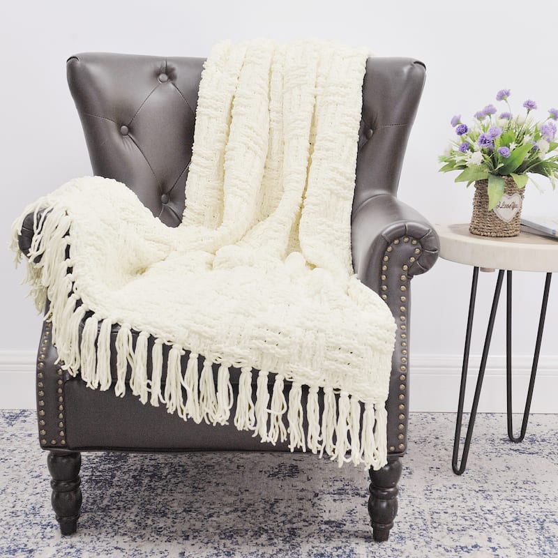Cable Knitted Couch Cover Throw Blanket - 50" x 60" - White