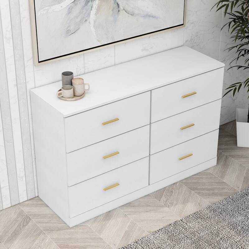 White 6-Drawer Dresser, Ample Storage Wide Chest of Drawers with Golden Handles