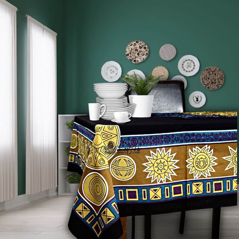 Golden Moon Cotton Tablecloth Rectangle Cosmic Blue Dining Linen - 88 x 104 inches - 88 x 104 inches - Blue