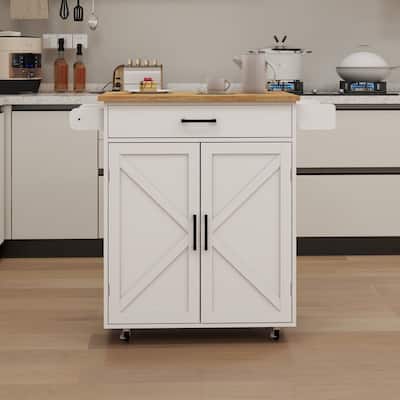 Kitchen Island Rolling Trolley Cart with Adjustable Shelves & Rubber Wood table top