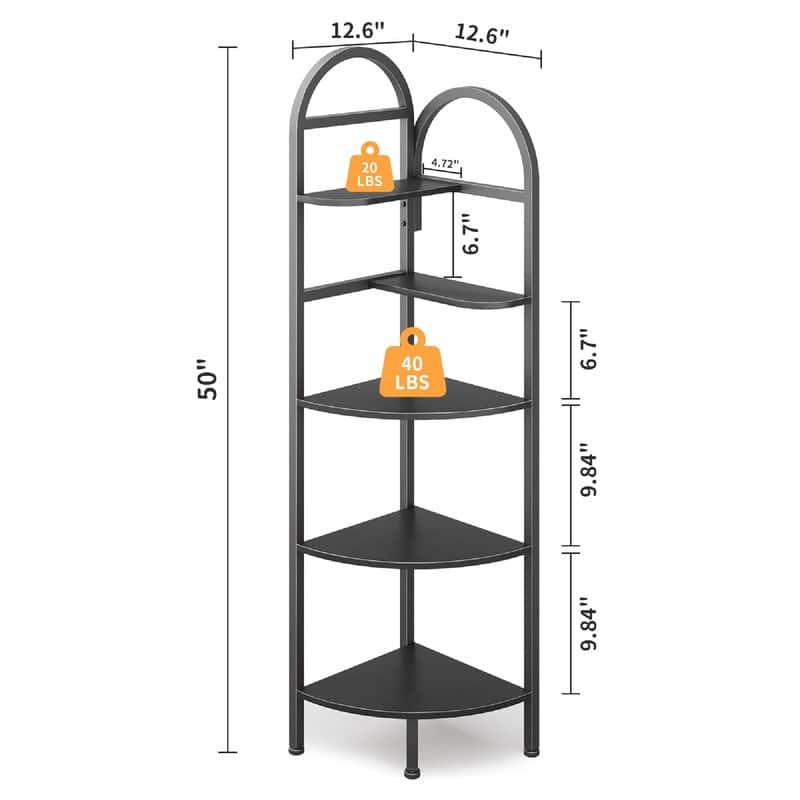 5-Tier Corner Bookshelf - 12.6"D x 12.6"W x 50"H