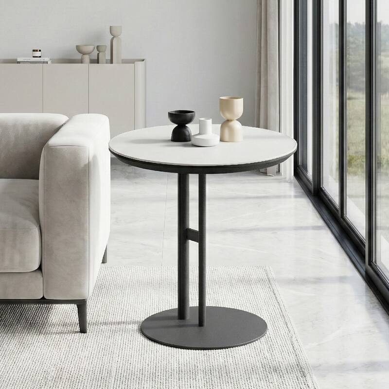 Modern Round Side Table - Gray Leather Tabletop with Black Metal Frame