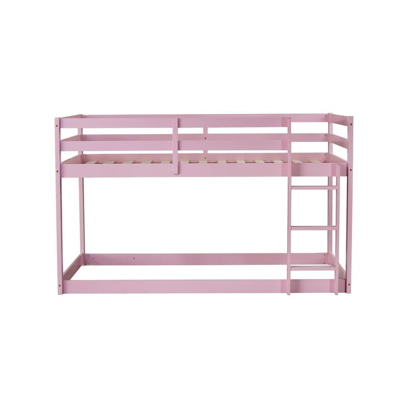 Wooden Twin over Twin Floor Bunk Bed with Ladder, with Bed Platform of Strengthened Slats