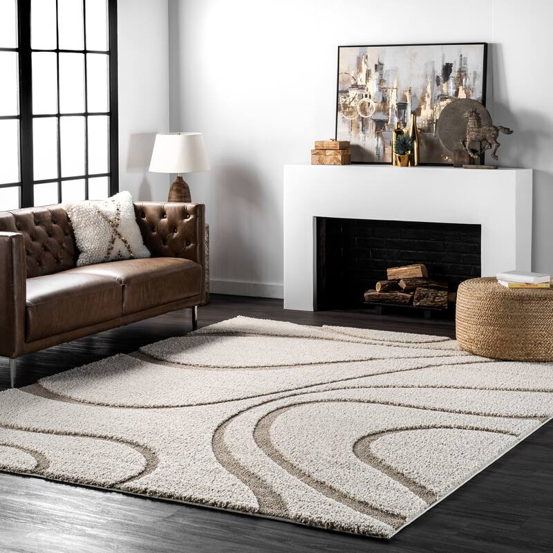 Brooklyn Rug Co Krista Contemporary Swirls Shag Area Rug - 10' x 14' - Beige/Brown