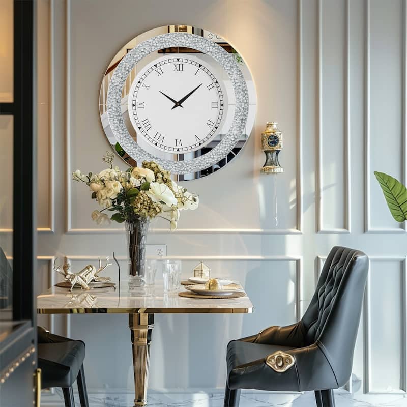Round Mirror Clock Tinted Crushed Diamond Mirrored Wall Clock - 24"x1.8"x24"