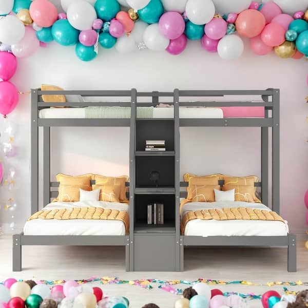 slide 2 of 12, Twin Over Twin&Twin Bunk Bed With Built-in Staircase And Storage Drawer Grey