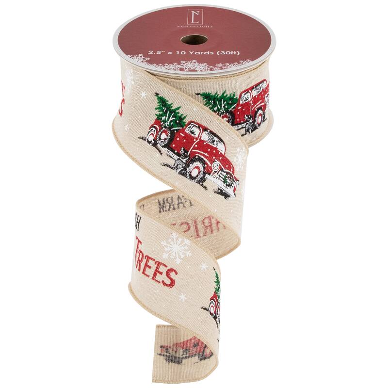 Beige "Farm Fresh Christmas Trees" Wired Craft Christmas Ribbon 2.5" x 10 Yards - 30'