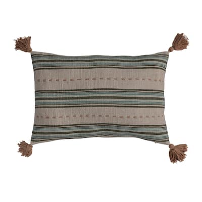 Cotton Slub Lumbar Pillow with Hand-Embroidered Stripes