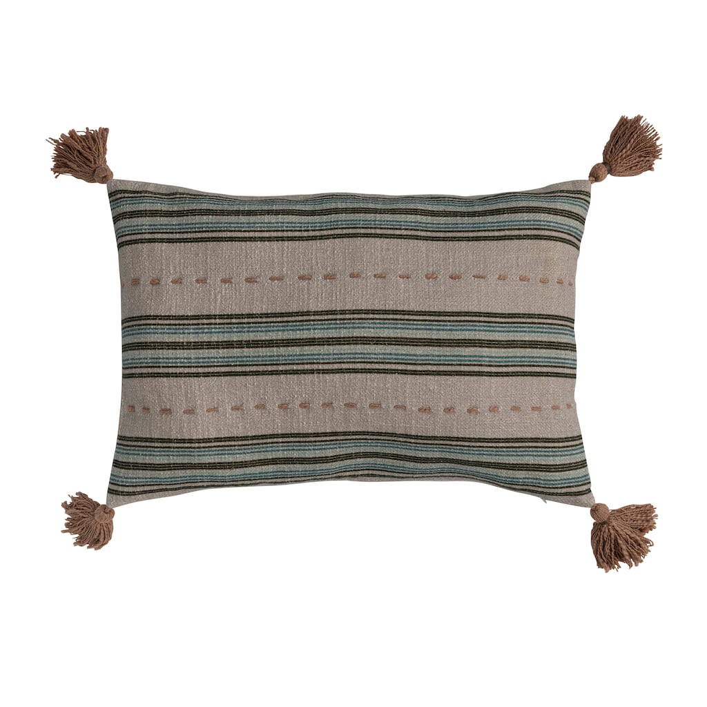 Cotton Slub Lumbar Pillow with Hand-Embroidered Stripes