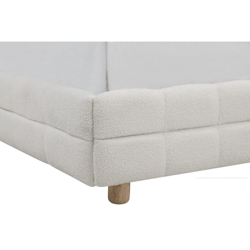 Queen Size Platform Bed with Fleece Upholstery and Grid-Patterned Headboard, White
