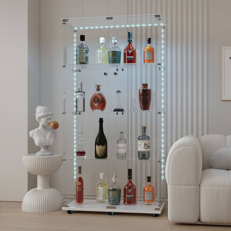 Tempered glass display cabinet, with Bluetooth LED strip,can be controlled by remote control or mobile APP,swivel casters