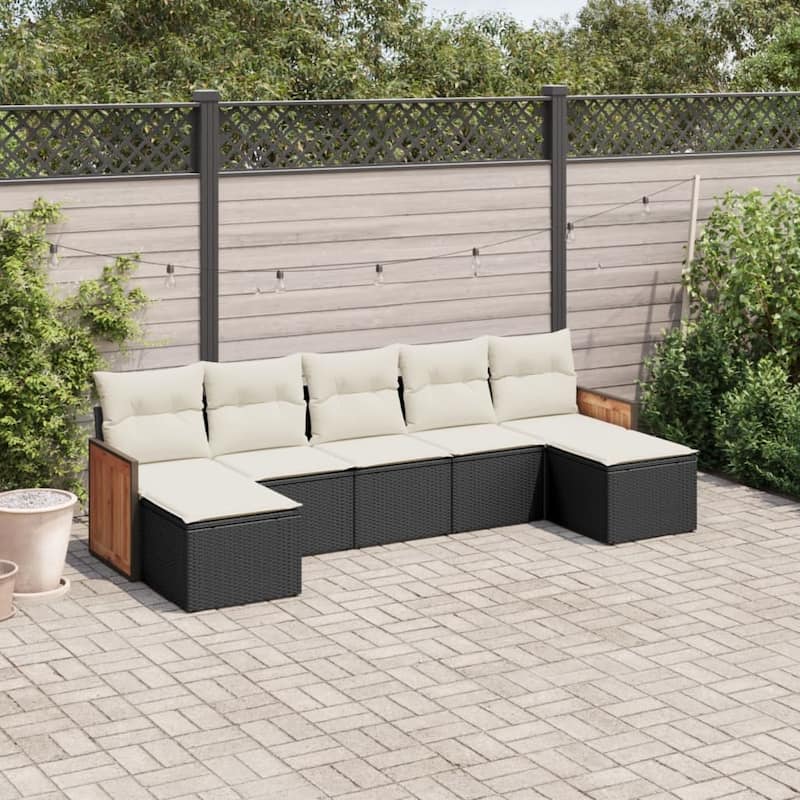 vidaXL Patio Sofa Set with Cushions Outdoor Conversation Furniture Poly Rattan - Black and Cream - 24.4 x 23.2 x 27.2