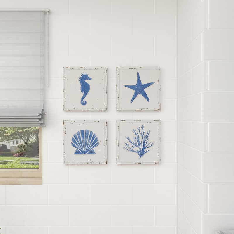 Metal Sail Boat or Sea Horse Speckled Home Wall Decor with Various Marine Life Designs - Set of 4 Cream - Roche River Decor