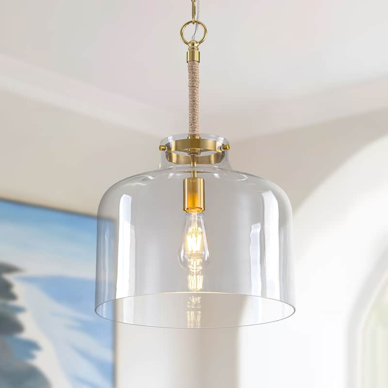 Starsky 1-Light Clear Glass Bell Jar / Cloche Pendant With Rope Accent