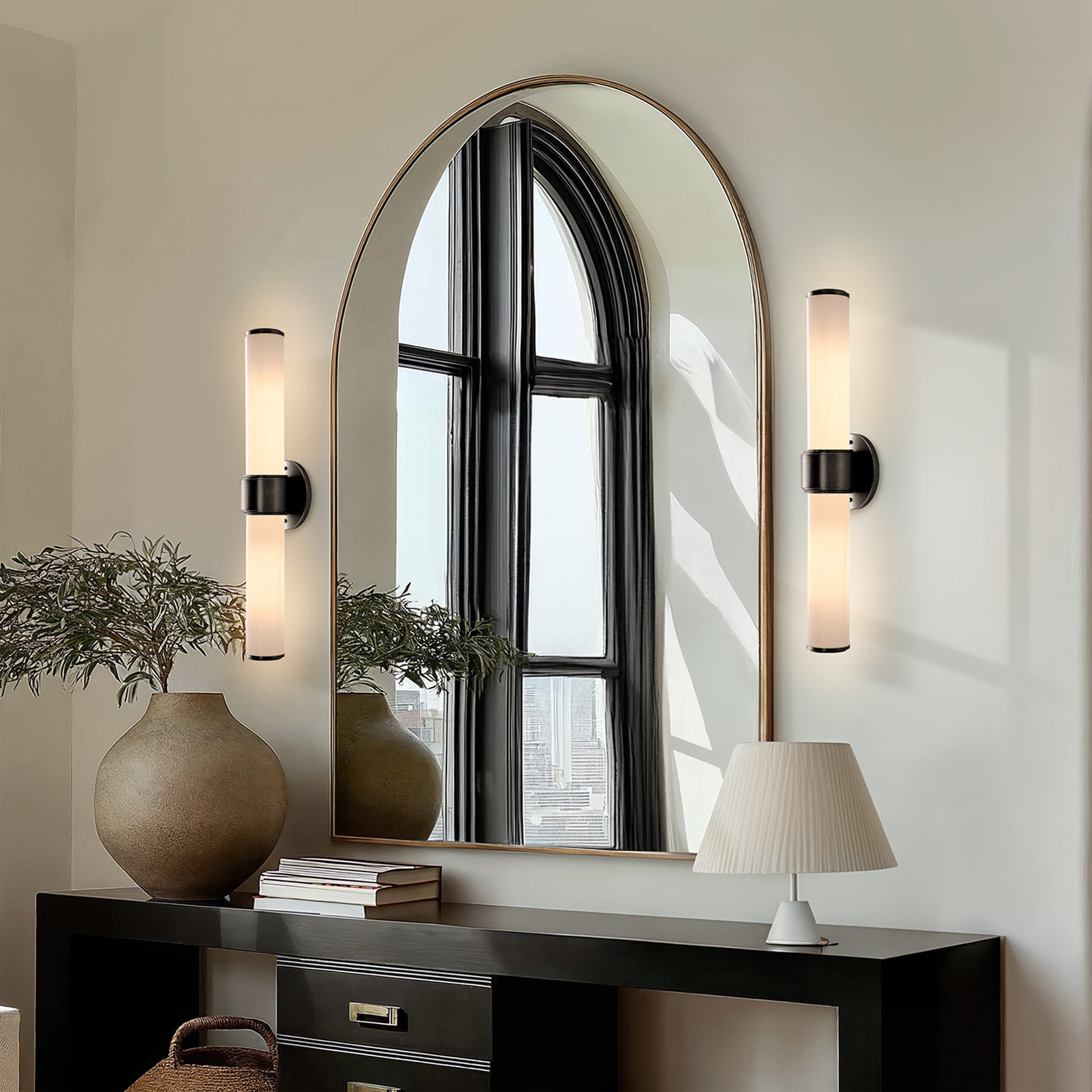 Modern Double Wall Sconce - Metal, Glass & Matte Black, Ivory White Sconces for Hallway or Accent Walls in Modern Style