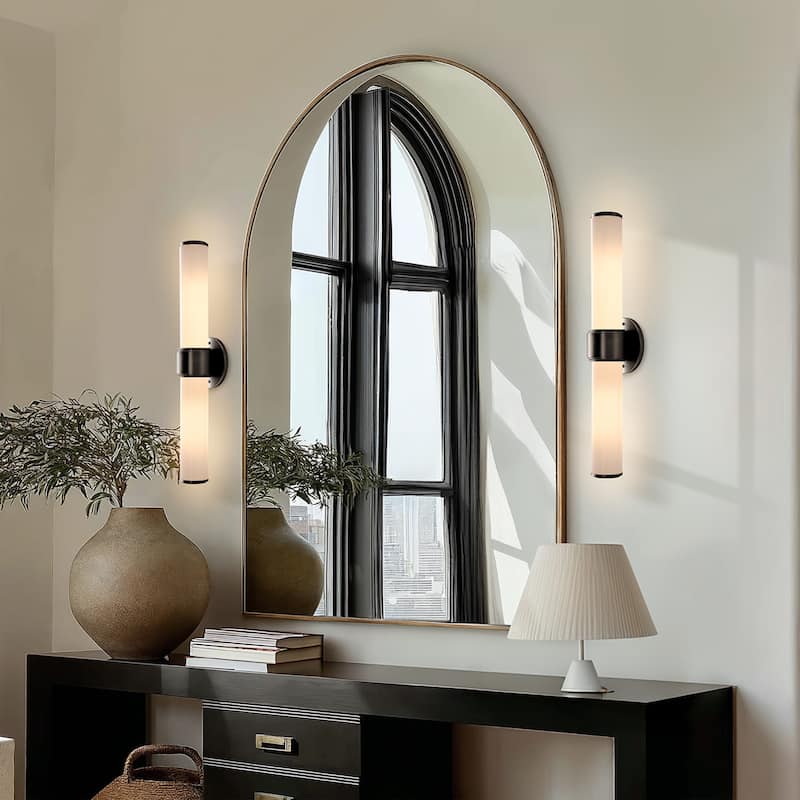 Modern Double Wall Sconce - Metal, Glass & Matte Black, Ivory White Sconces for Hallway or Accent Walls in Contemporary Style