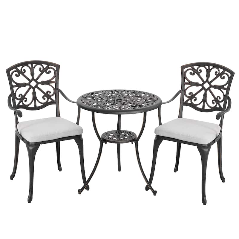 Outdoor 3-Piece Cast Aluminum Patio Set with Cushions and Umbrella Hole