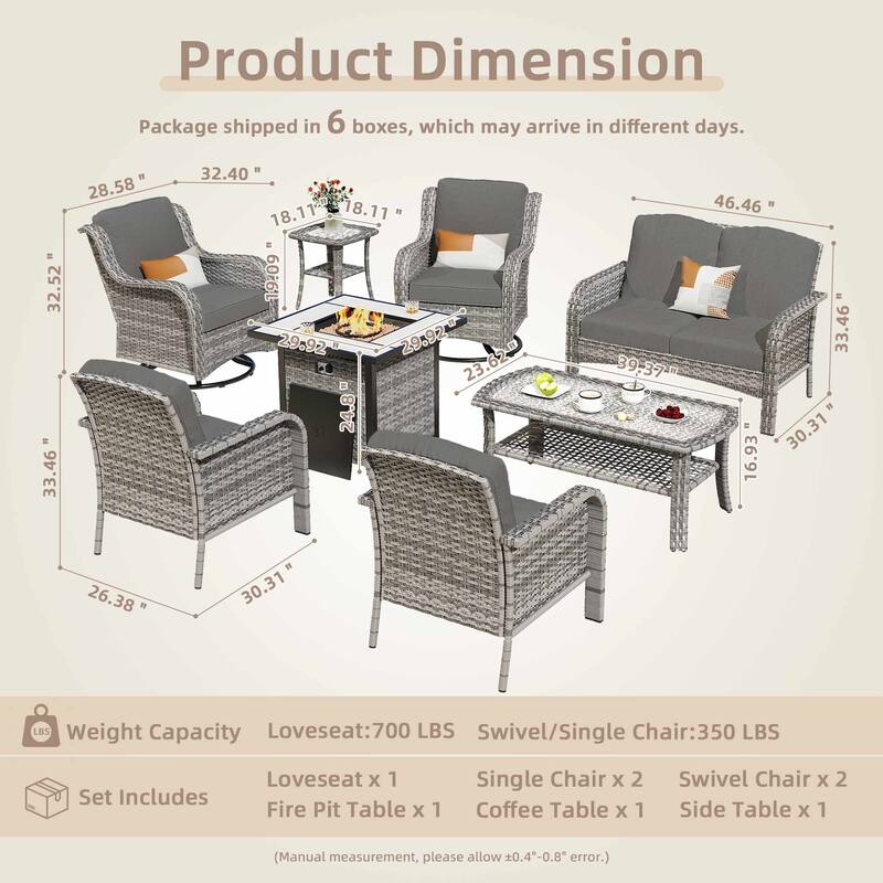 OVIOS 8 Pieces Outdoor Patio Swivel Chair Conversation Set with Fire Table