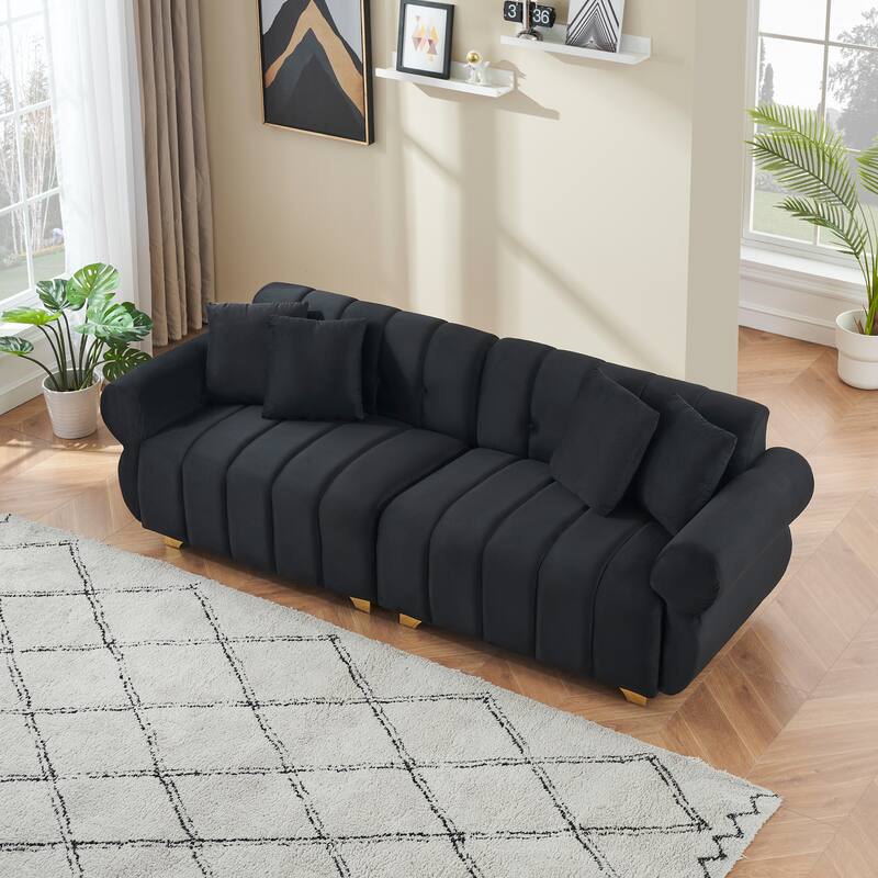 Velvet Sofas Lounge Couch with Round Armrests and Channel Tufting Back, Deep Seat Sofa with Metal Leg and 4 Throw Pillows