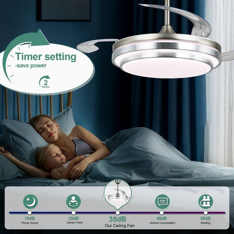 Cusp Barn 42 Inch Retractable Ceiling Fan with Lights, Modern Silent DC Motor 6 Speeds Chandelier Ceiling Fan for Bedroom