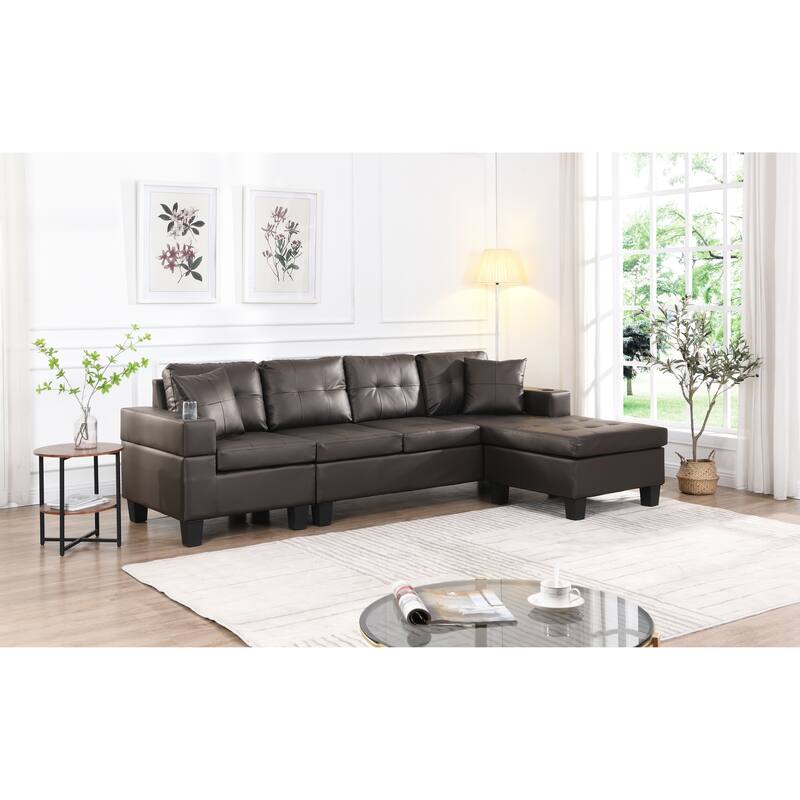 Brown 96.06'' Modern L-Shaped 4 Seater Sectional Sofa with Chaise Lounge, Cup Holders, and Throw Pillows