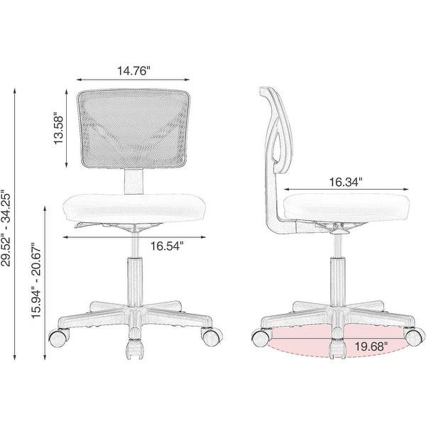 dimension image slide 1 of 6, Office Computer Desk Chair with Wheels, Ergonomic Low-Back Mesh Rolling Work Swivel Chairs, Armless Comfortable Lumbar Support