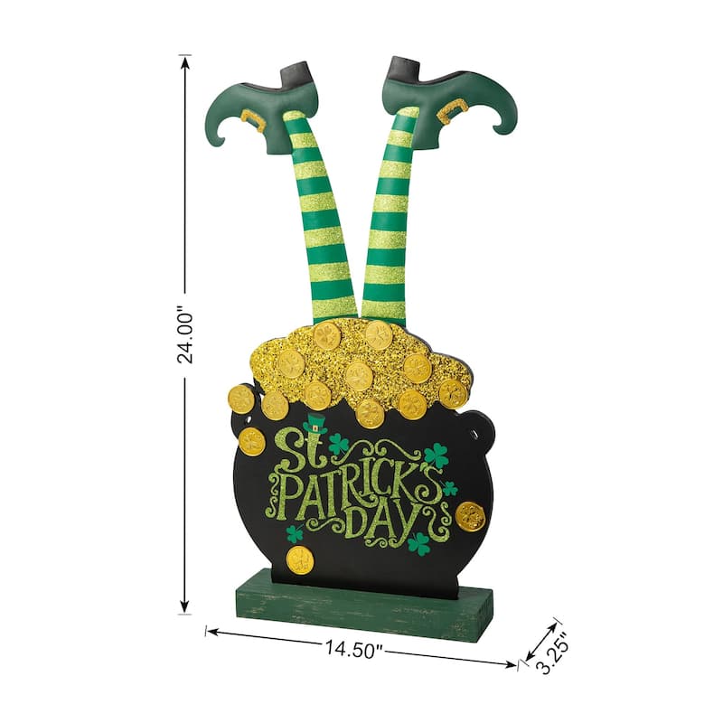 Glitzhome 24"H Wooden St. Patrick's Leprechaun Pot of Gold Porch Decor