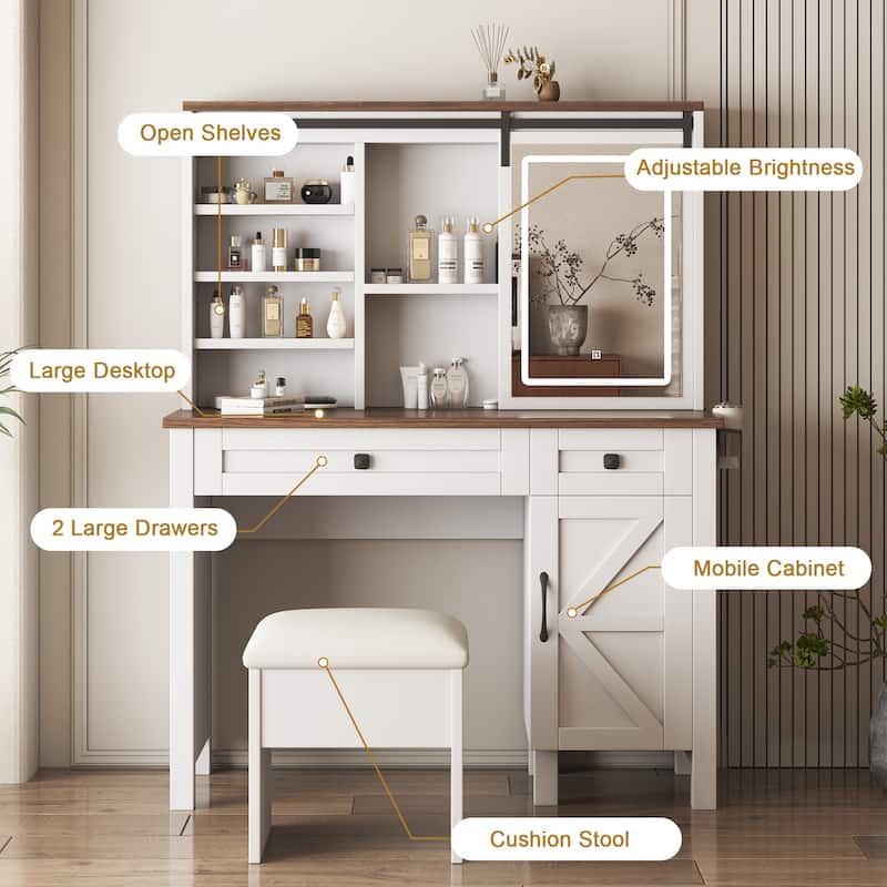 Makeup Vanity w/ Sliding Mirror,Light,Hairdryer Holder,Charging Socket