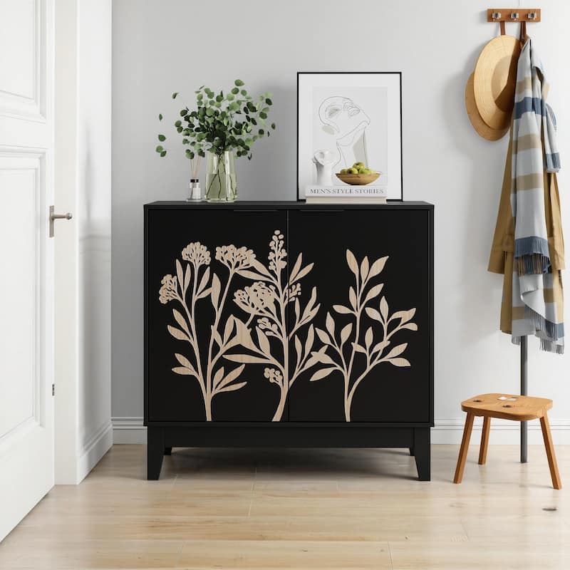 31.5 Inch Carved Buffet Cabinet, Sideboard with 2 Doors and Adjustable Shelves, Wooden Decorative Cabinet with Storage Space - Black