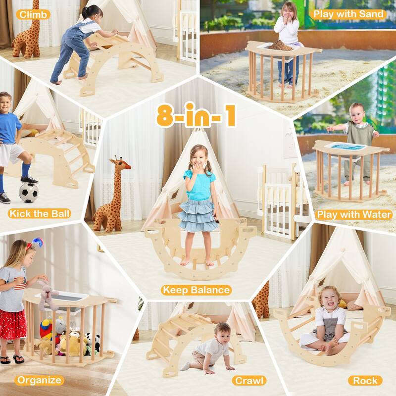 Gymax Kids Climbing Arch Sensory Table Montessori Wooden Climber Toy