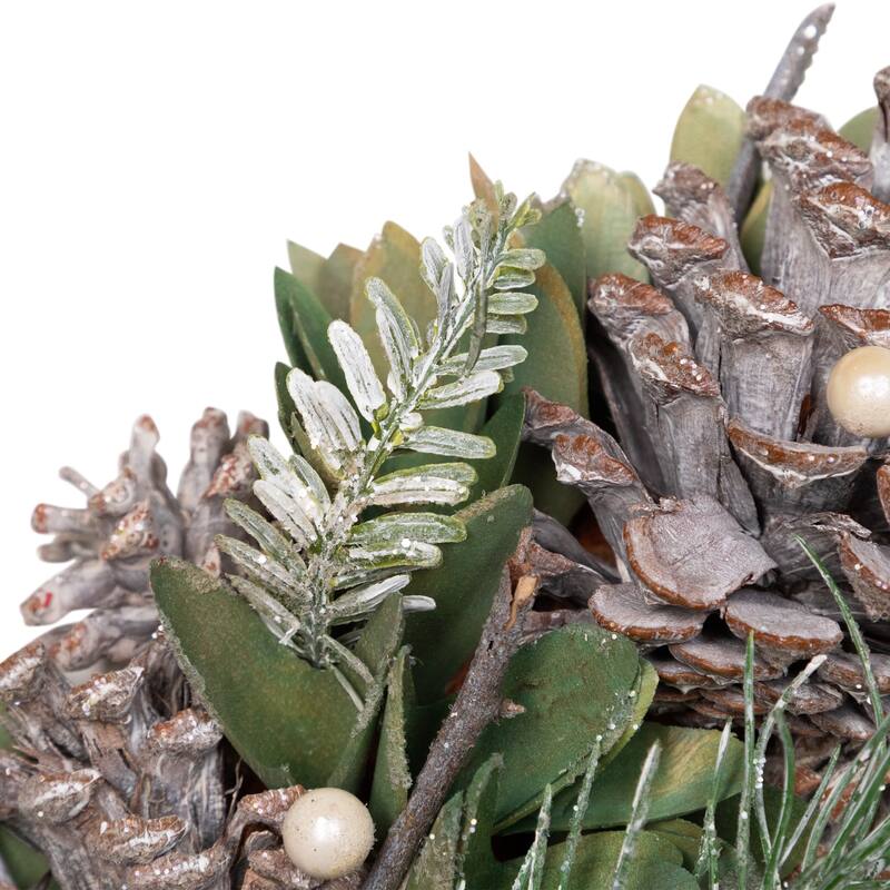 Frosted Pinecone and Wooden Petals Artificial Christmas Wreath -14" - Unlit