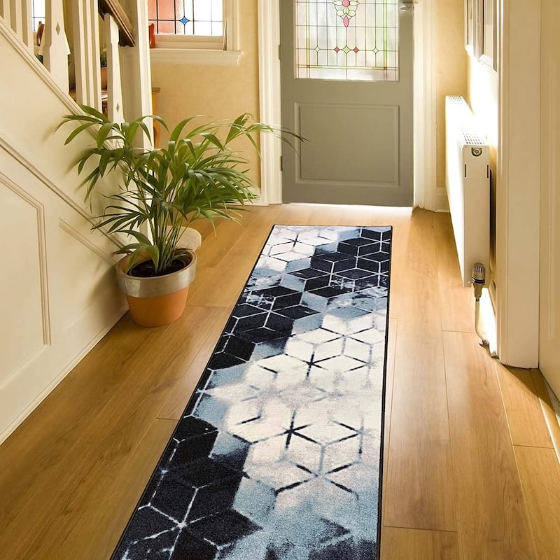 Custom Size Cubes Abstract 26 Inch Wide Non-Slip Stair Runner Rug - 30 Feet - Blue