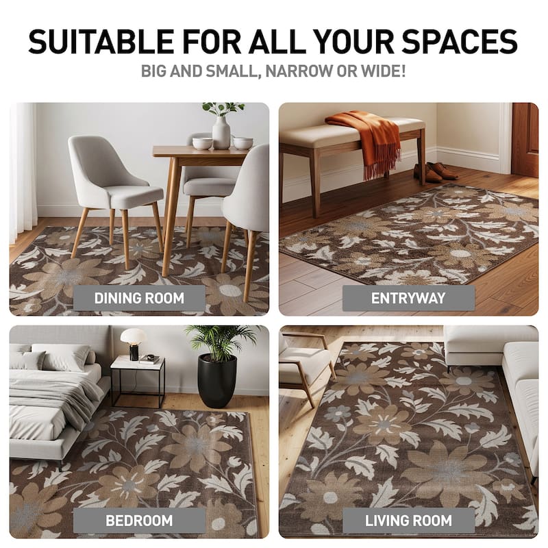 Contemporary Floral Area Rug for Living Room, Bedroom, or Entryway - Low Pile Indoor Rug