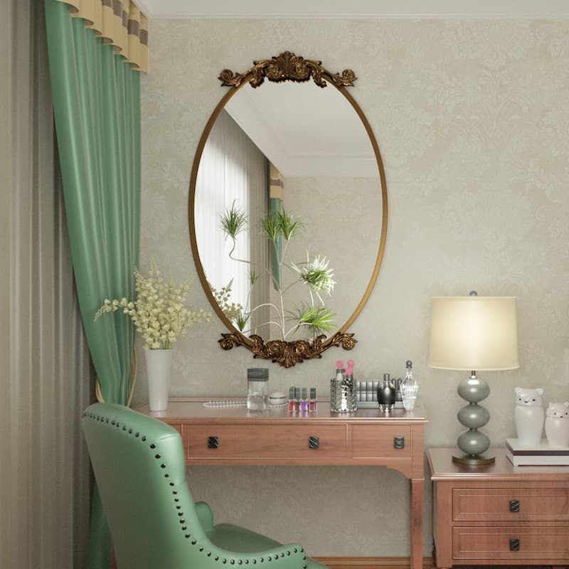 KIOTEE Oval Mirror and Metal Frame French Cleat Mounted Baroque Style Wall Decor Bathroom Vanity Mirror with 5-Year Warranty - 48x28 - Gold