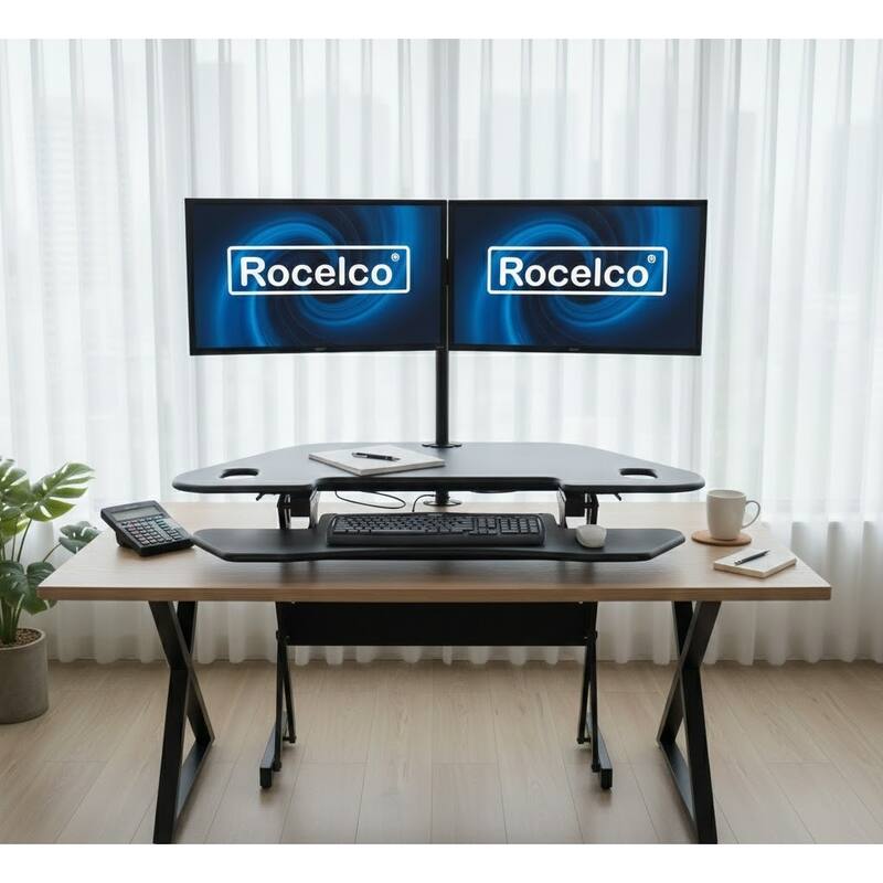 Rocelco 46 in. W Black Height Adjustable Corner Standing Desk Converter with Dual Monitor Arm and Extra Tray Platform