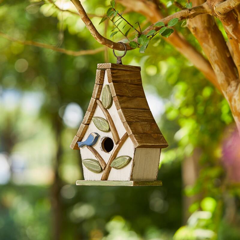 Glitzhome 12.5"H Distressed Solid Wood Birdhouse with 3D Leaves