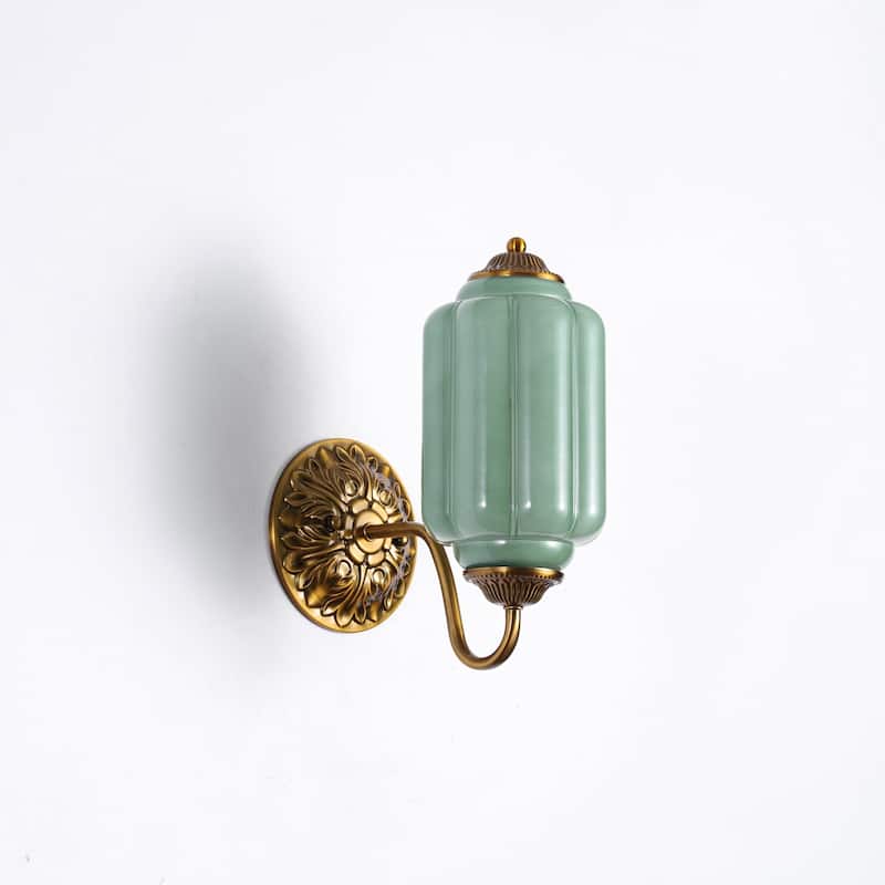 1-Light Vintage Antique Brass Finish Lantern Shaped Wall Light with Opal/Green Glass Shade for Bedroom, Hallways - Green/Gold