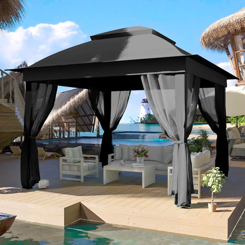 Cozywor 11 ft. x 11 ft. Pop-Up Steel Gazebo with Mosquito Netting - Black