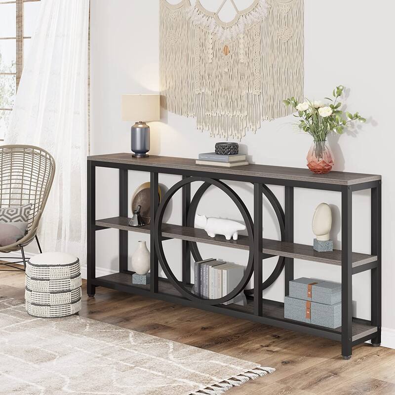 Extra Long Console Table, 70.9 inch Narrow Sofa Tables with 3 Tier Wood Storage Shelves, Rustic Brown Black - 11.75" * 70.9"