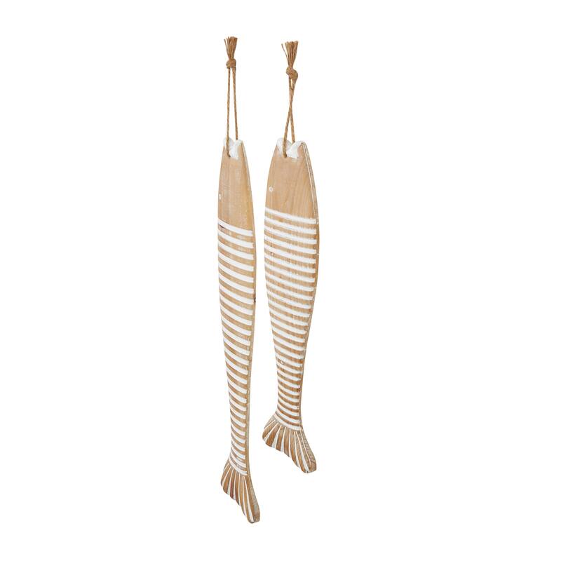 Brown Wood Fish Home Wall Decor with White Stripes and Hanging Rope (Set of 2)