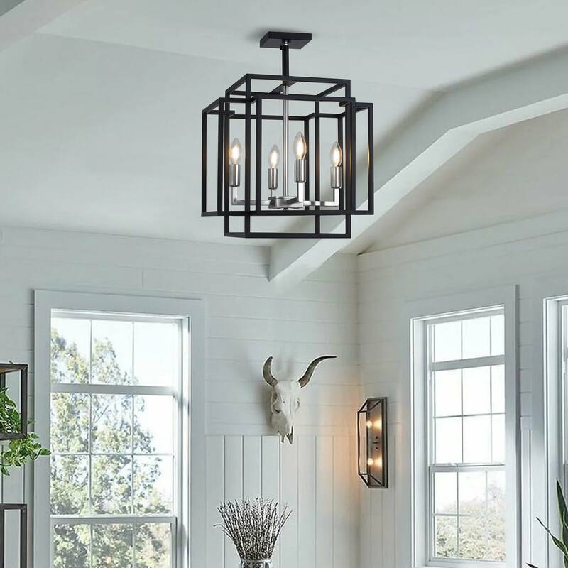 Industrial Black 4-Light Rectangle Iron Frame Semi Flush Mount Lamp