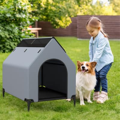 Outdoor Elevated Pet House with Waterproof Canopy and Roll-Up Mesh Windows