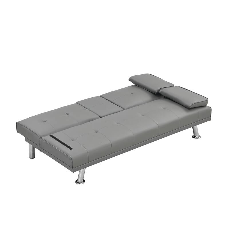 Grey Leather Sofa Bed with Armrest, Multifunctional and Easy Assembly
