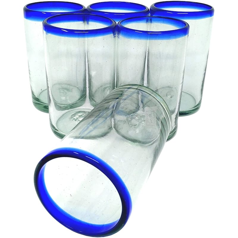 Dos Sueños Hand Blown Mexican Drinking Glasses - Set of 6 Glasses with Cobalt Blue Rims (14 oz each)