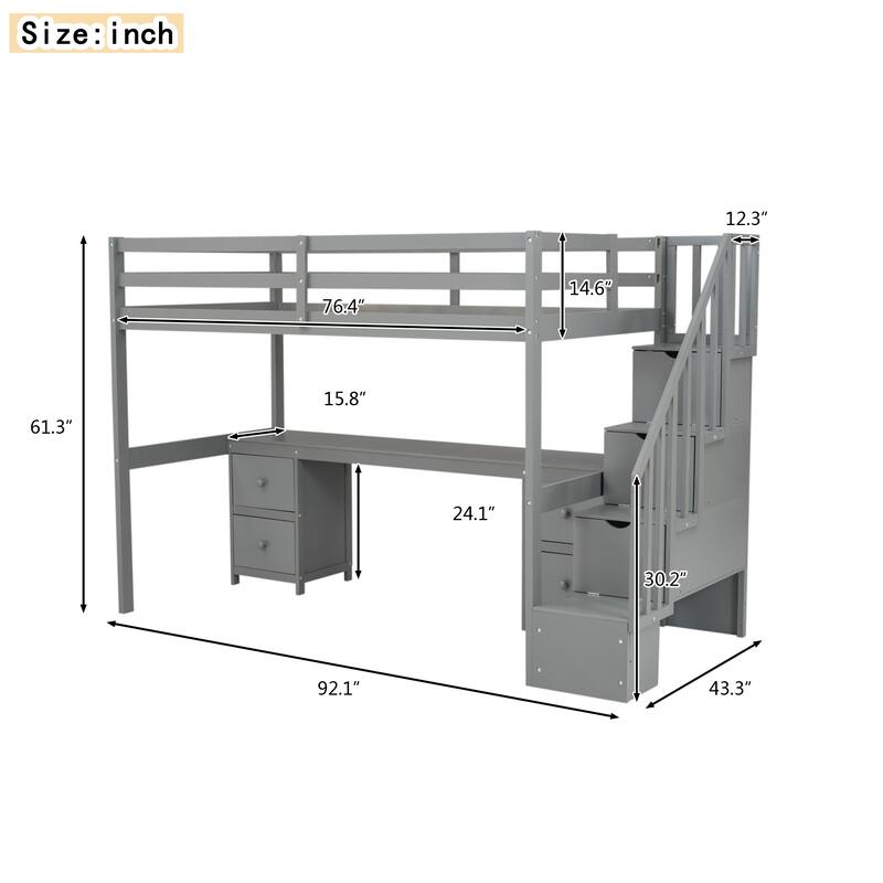 Twin Size Solid Wood Loft Bed with Built-in Desk and Double Storage Drawers
