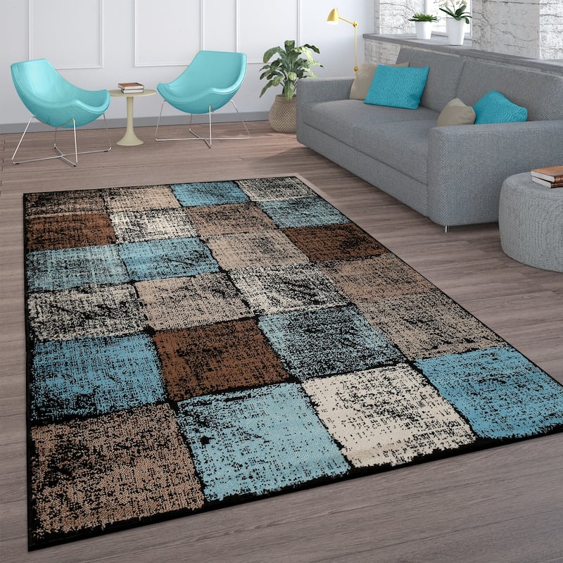 Modern Area Rug For Living Room In Brown Cream Blue Checked