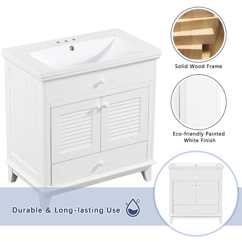 30" Bathroom Vanity with Sink, Bathroom Cabinet with Two Doors and One Drawer, White